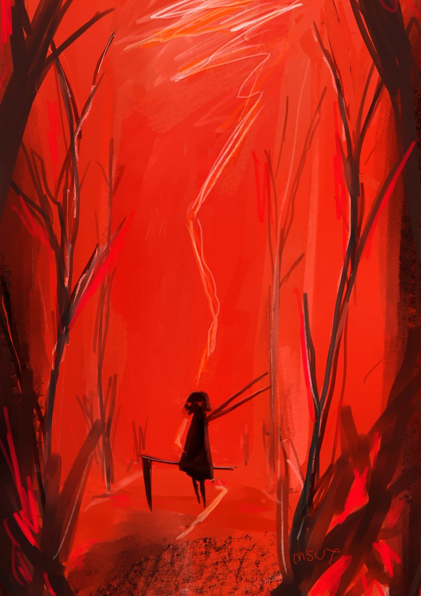 scythe holding scythe red theme solo tree red sky holding  illustration images