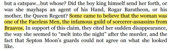 jesmaralc's tweet photo. Septon Moon died after a woman pretended that she needed his help, then, cut his throat. Moon struggled to catch the woman, but she couldn't be found afterward.

Some believe the woman was one of the Faceless Men due to the way she "melt into the night" #FireAndBlood https://t.co/VygM3KWhD2