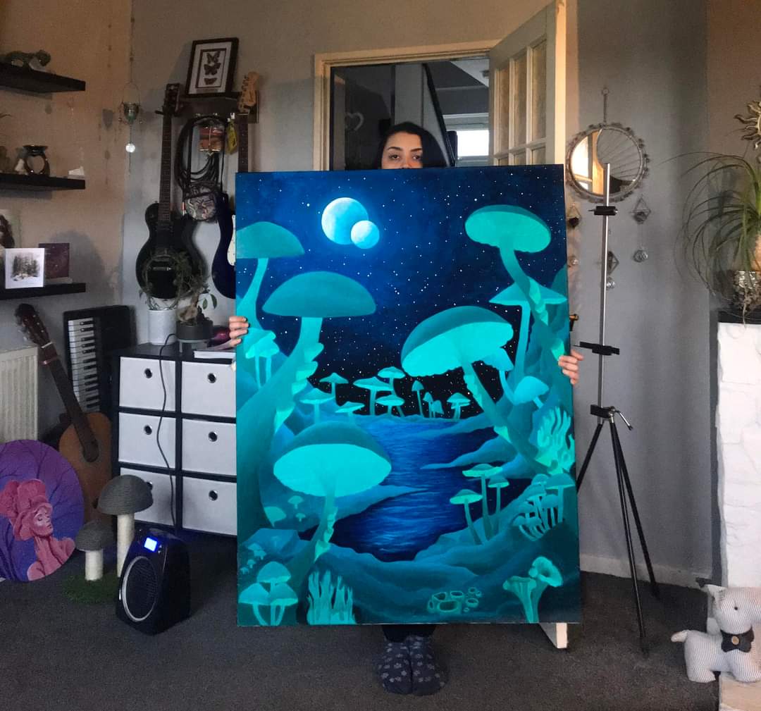 Progress picture of my mushroom canvas 🍄
For size reference I'm 5'7 🙂

#mushroom #acrylicpainting