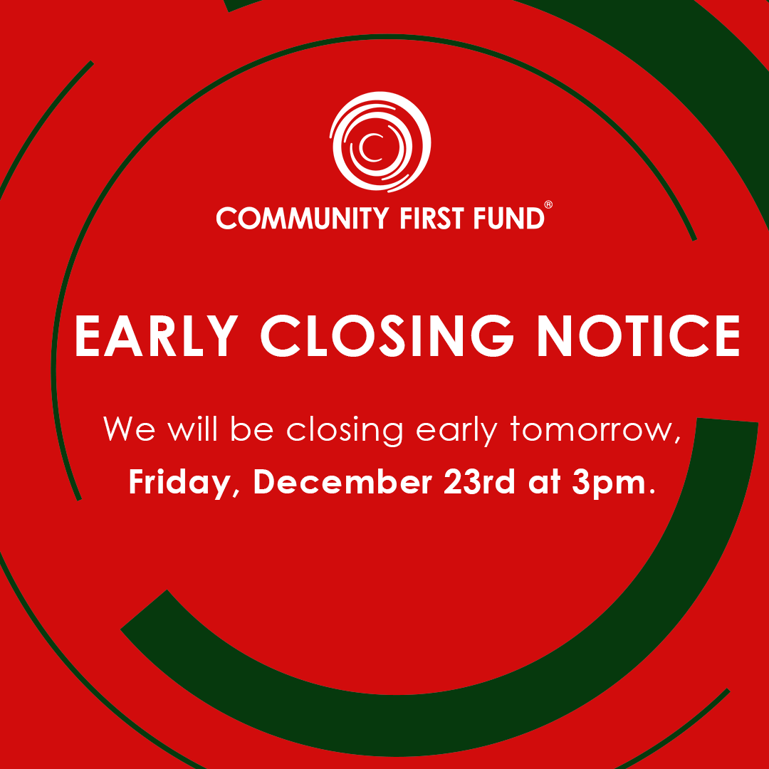 Our offices will be closing at 3pm tomorrow, Friday, December 23rd. 

#communityfirstfund #cdfi #Holidays 

Nuestras oficinas cerrarán a las 3pm mañana viernes 23 de diciembre.
