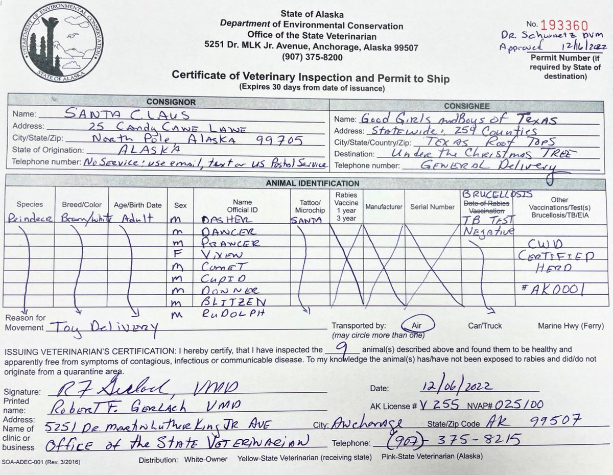 Santa's reindeer have been cleared to come to Texas, y'all! ✅

Make sure you're on the nice list and get proper CVIs and/or permits to travel with your animals this holiday season! 🎄🎅