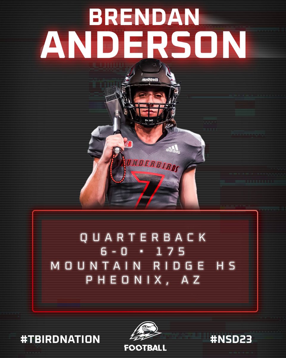 Southern Utah Football (@suufb_) on Twitter photo Welcome, <a href="/b9_anderson/">Brendan Anderson</a>!
⚡️2x first-team All-Region
⚡️7500 passing yards (School Record)
⚡️90 passing touchdowns (School Record)
#FocusFightFinish x #TBirdNation Welcome, <a href="/b9_anderson/">Brendan Anderson</a>!
⚡️2x first-team All-Region
⚡️7500 passing yards (School Record)
⚡️90 passing touchdowns (School Record)
#FocusFightFinish x #TBirdNation