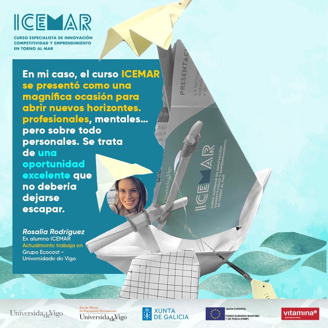 🎏 Últimas plazas! Más allá de lo tradicional, Rosalía (2ª promoción) amplió su visión de #negocios vinculados al mar 🌊  y ahora trabaja en el grupo de investigación <a href="/ECOCOST1/">ECOCOST</a> de la <a href="/uvigo/">Universidade de Vigo</a> <a href="/CIM_Uvigo/">CIM UVigo</a> 

👉 bit.ly/cursoICEMAR
✏️ Te subes al barco⁉️
