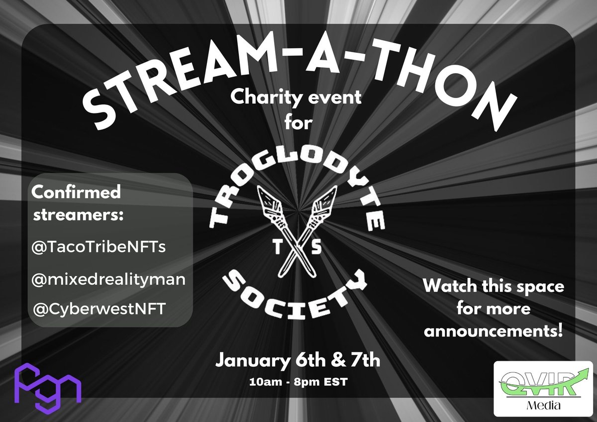 QvirMedia's tweet photo. 🚨Stream-A-Thon!🚨
Join us on January 6th-7th from 10am to 8pm EST for two days of community streaming to spread awareness of @TroglodyteSoci1 ! https://t.co/S612Bdl1CW