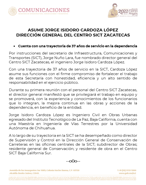 #ComunicadoSICT

Asume Jorge Isidoro Cardoza López la Dirección General del Centro @SCT_mx #Zacatecas.

✅Trayectoria de 37 años de servicio en la #SICT.
✅Prioridad, fortalecer el trabajo del Centro SICT con honestidad y alto sentido de responsabilidad en el ejercicio público.