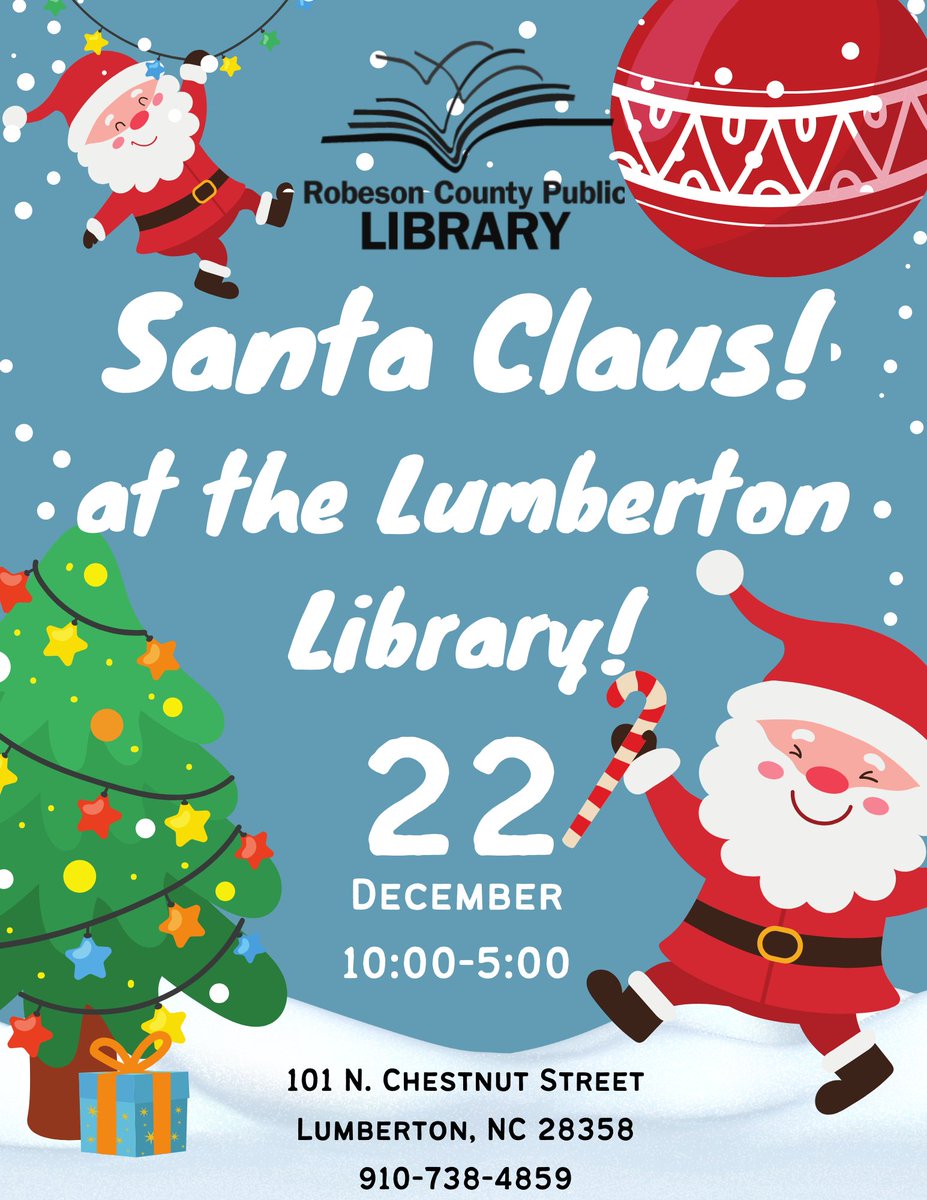 RC_PL's tweet photo. Santa Claus is coming to the Lumberton Library.  The jolly old elf will be with us from 10:00 to 5:00 tomorrow (the 22nd).  Stop by and say hello!

A great chance to update your list or plead your case... https://t.co/RTX4jhii82