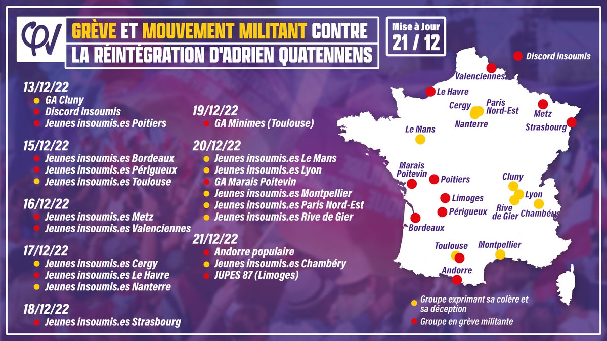 🔴 #GrèveMilitante - 21/12

Nous souhaitons retrouver confiance et pouvoir militer sous un étendard capable d'incarner les valeurs féministes de l'AEC.

Dès l'instant où <a href="/AQuatennens/">Adrien Quatennens</a> sera exclu de <a href="/FIAssemblee/">La France Insoumise à l'Assemblée nationale</a>, nous reprendrons le combat avec la FI.

Le plus tôt sera le mieux.