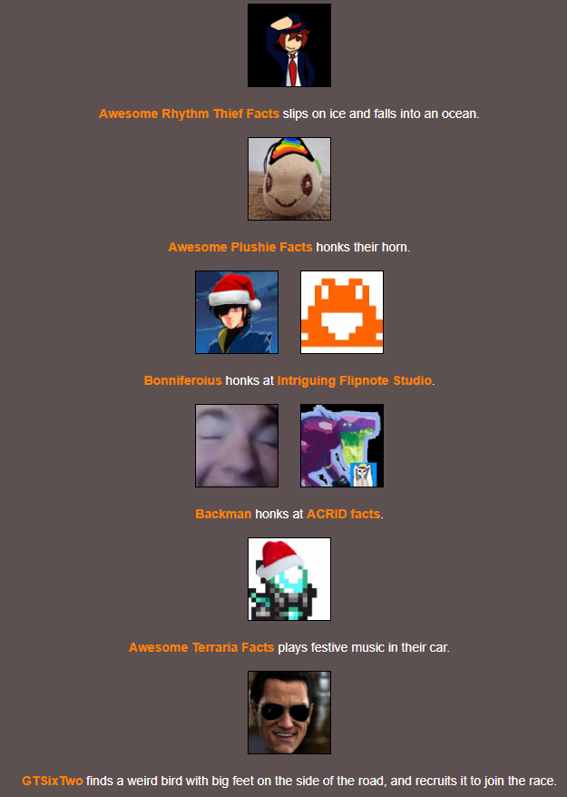 TrinityO5_'s tweet photo. On section 2 @greatestbkfacts and @AwsmeRythm fall into the ocean while @PathfinderFacts and @nintendofactoid are pushed into the ocean by @minecraft42069s and @fullchargefacts respectfully. Meanwhile, @Lemonfacts2, @monty_facts, and @FunnySansFacts crash into each other! #FACCAR https://t.co/37bjAsceIX