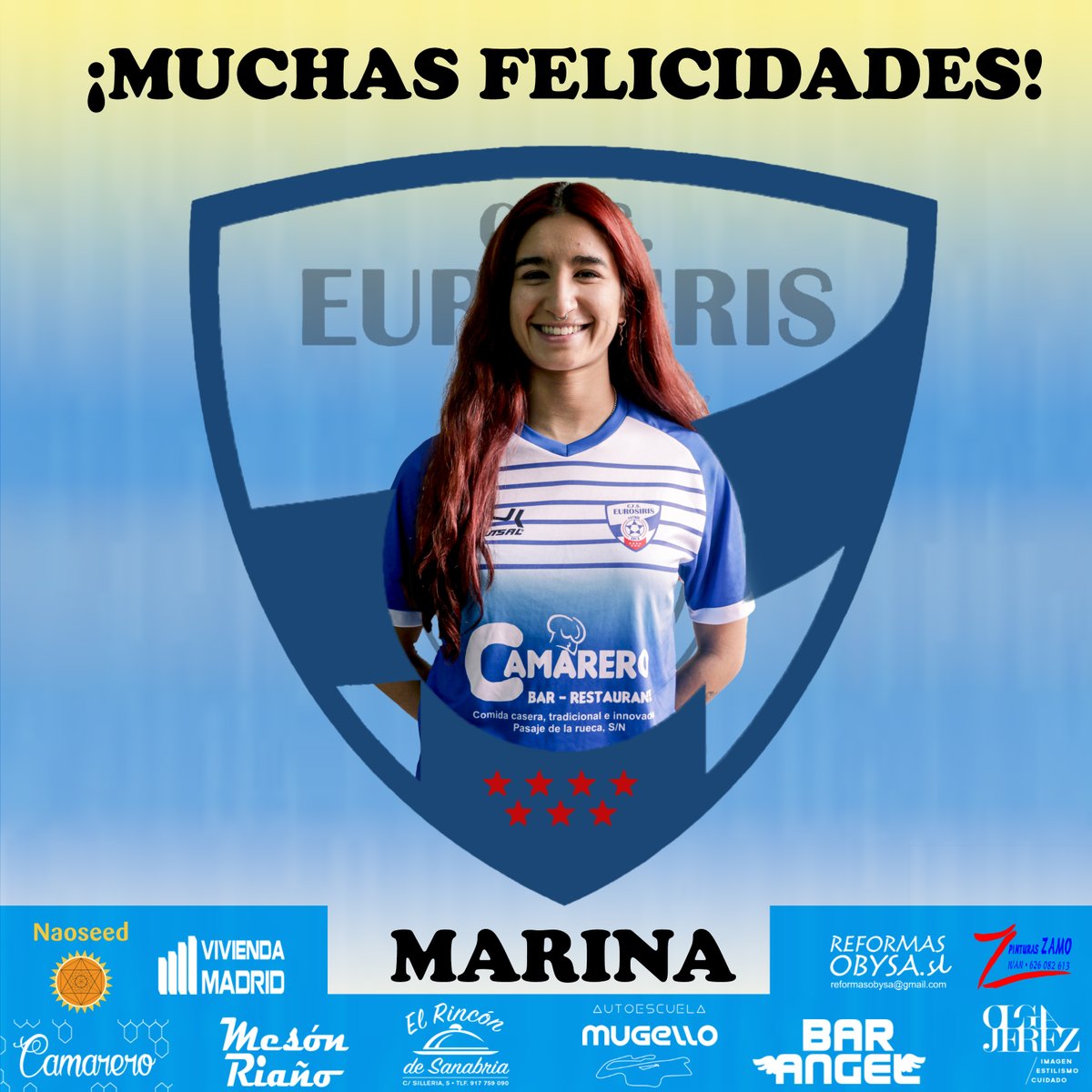 CFS_Eurosiris's tweet photo. Hoy es un día muy especial

Queremos felicitar el cumpleaños a nuestra jugadora del CFS Eurosiris Bar Camarero

Hoy celebramos el cumpleaños de @Marinaa_30  !!!

Disfruta mucho del día con tu familia!

🎉FELICIDADES MARINA🎉

#FamiliaAzul💙
#Futbolsala⚽💪 https://t.co/b3as9svz1n