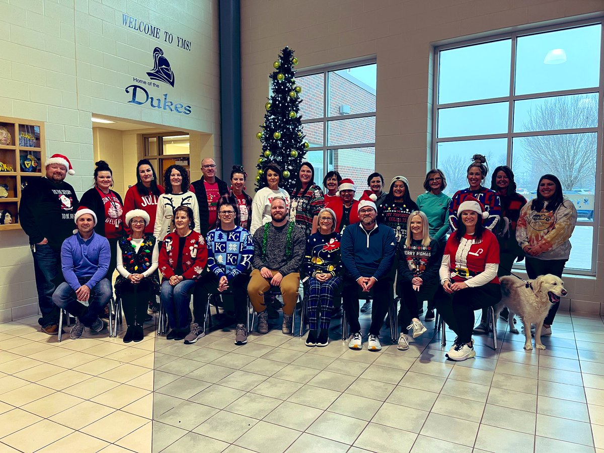 KennyLoosvelt's tweet photo. Season Greeting and Merry Christmas from this group of educators who I am proud to work alongside!  Thank you to all @YmsDukes staff who work so very hard for our students. #bestMSinNe #yorkdukes https://t.co/oMDumHiHHs