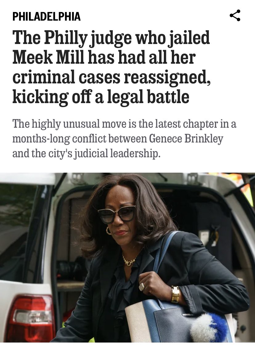 The Philly judge who jailed #MeekMill has had all her criminal cases reassigned.

This is a huge win for safety and justice.

We need judges focused on healing our community not furthering their own self interest.