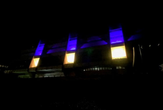 PACE_News's tweet photo. The colours of #Ukraine shining from the walls of the Palais de l'Europe - the seat of the 46-nation @CoE - tonight, after it "went dark" to show solidarity with the people of Ukraine in an #HourForUkraine.

More:
https://t.co/0G7vWtbmwI

#StandWithUkraine https://t.co/cwVejgLMmG
