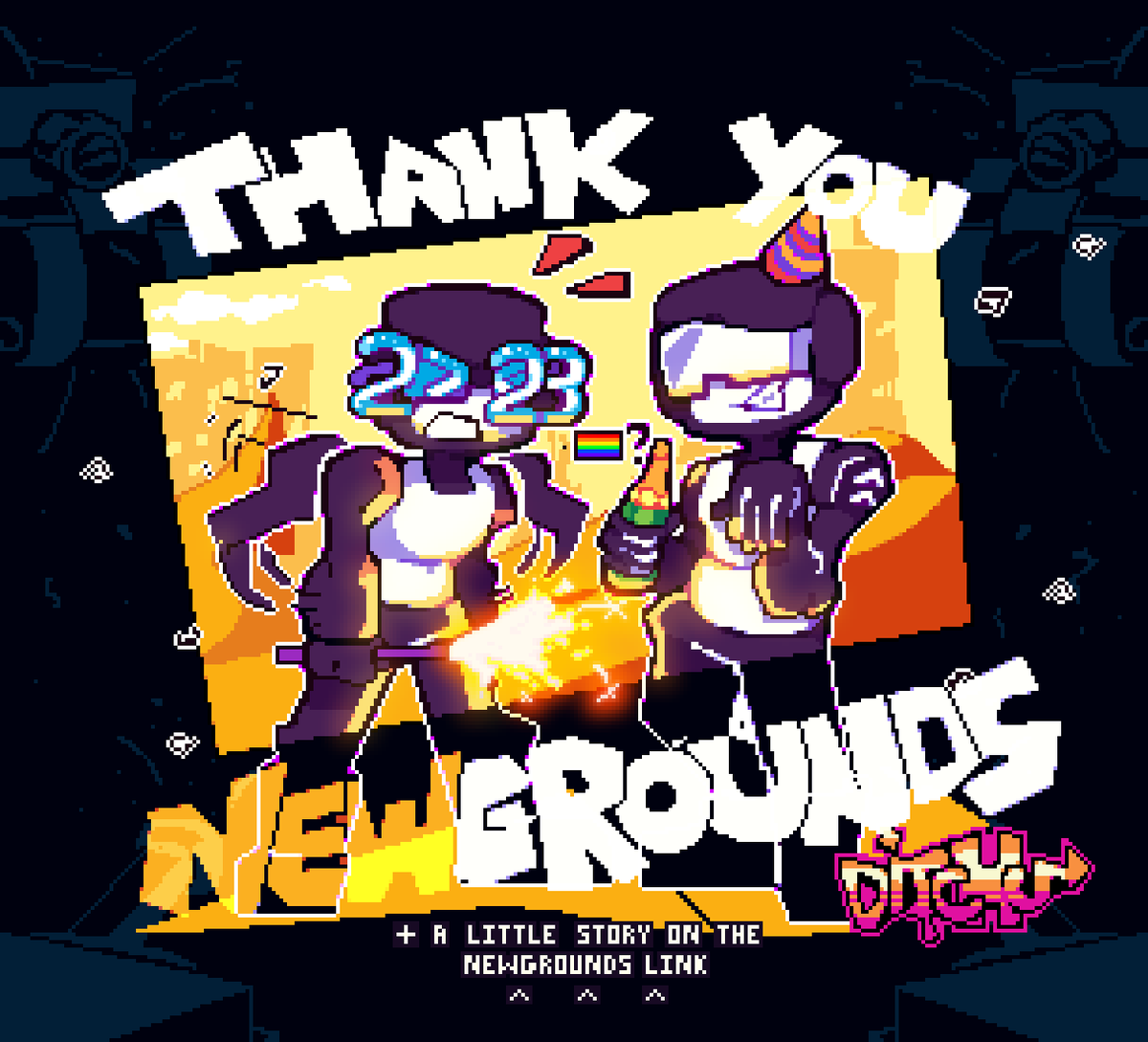 Thank you <a href="/Newgrounds/">Newgrounds.com</a>, for a lot of stuff! And onwards with 2023!
There's a little story in the link, so please if you have time to spare, have a read: 

(Newgrounds link: newgrounds.com/art/view/ditch…)

#newgrounds #TankMan #tankmen #captainjhon | #pixelart #pixelartist | #ドット絵~