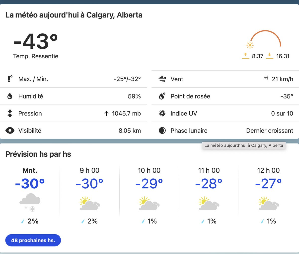 Bienvenue à Calgary, la ville où l'on peut s'attendre à l'inattendu.
Nous haïssons cette météo trop mauvaise :(
À Calgary il fait très froid, nous gelons dehors, en plus nous venons à l'école à cette température. -43 degrés !
Habillez-vous chaudement, Cougars !