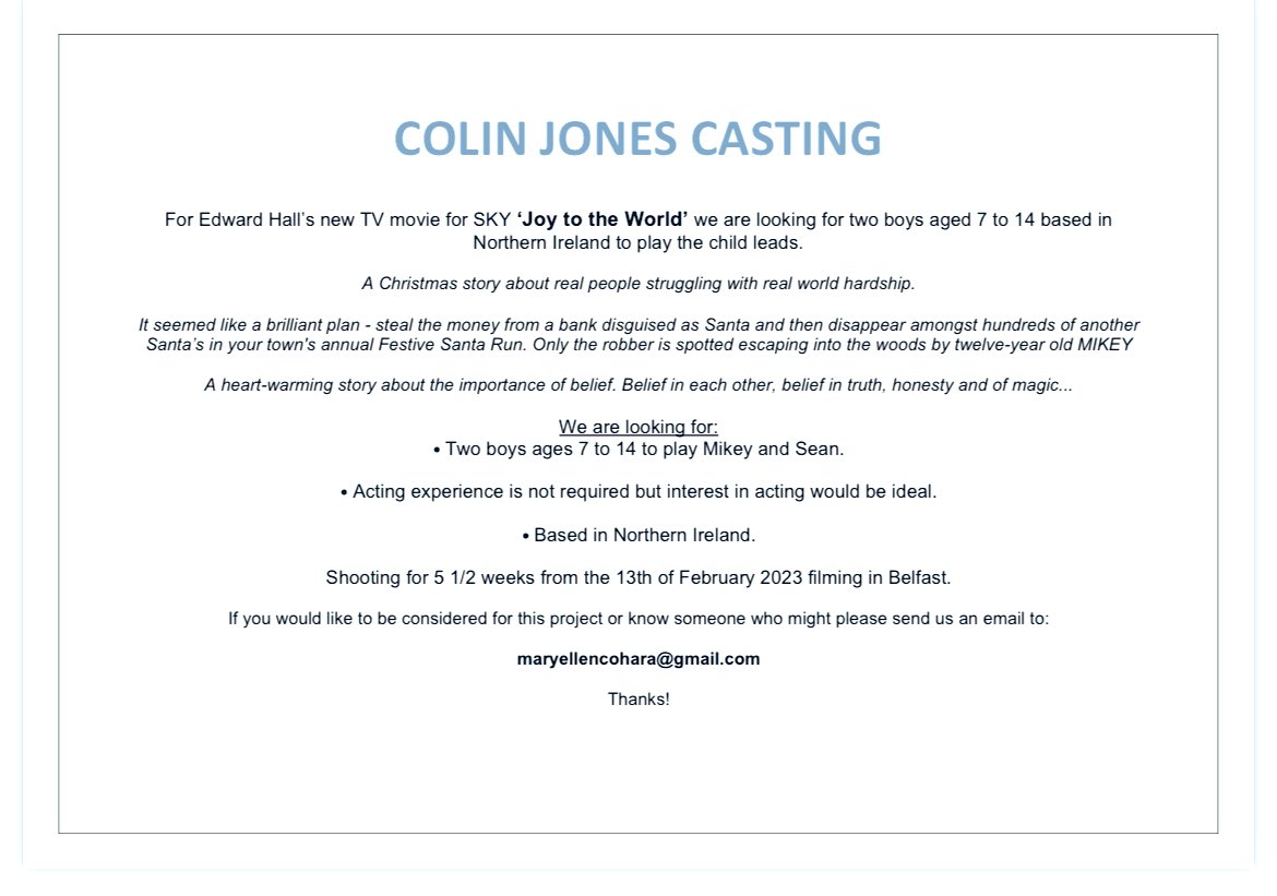 Mary-Ellen O'Hara member of CDG (@mccartanellen) on Twitter photo Christmas Movie set in Northern Ireland, ‘Joy to the world’. If you know someone who would shine in either role pls email maryellencohara@gmail.com with your information. Must be N.I based. A beautiful opportunity for talent right here. #CASTING Christmas Movie set in Northern Ireland, ‘Joy to the world’. If you know someone who would shine in either role pls email maryellencohara@gmail.com with your information. Must be N.I based. A beautiful opportunity for talent right here. #CASTING