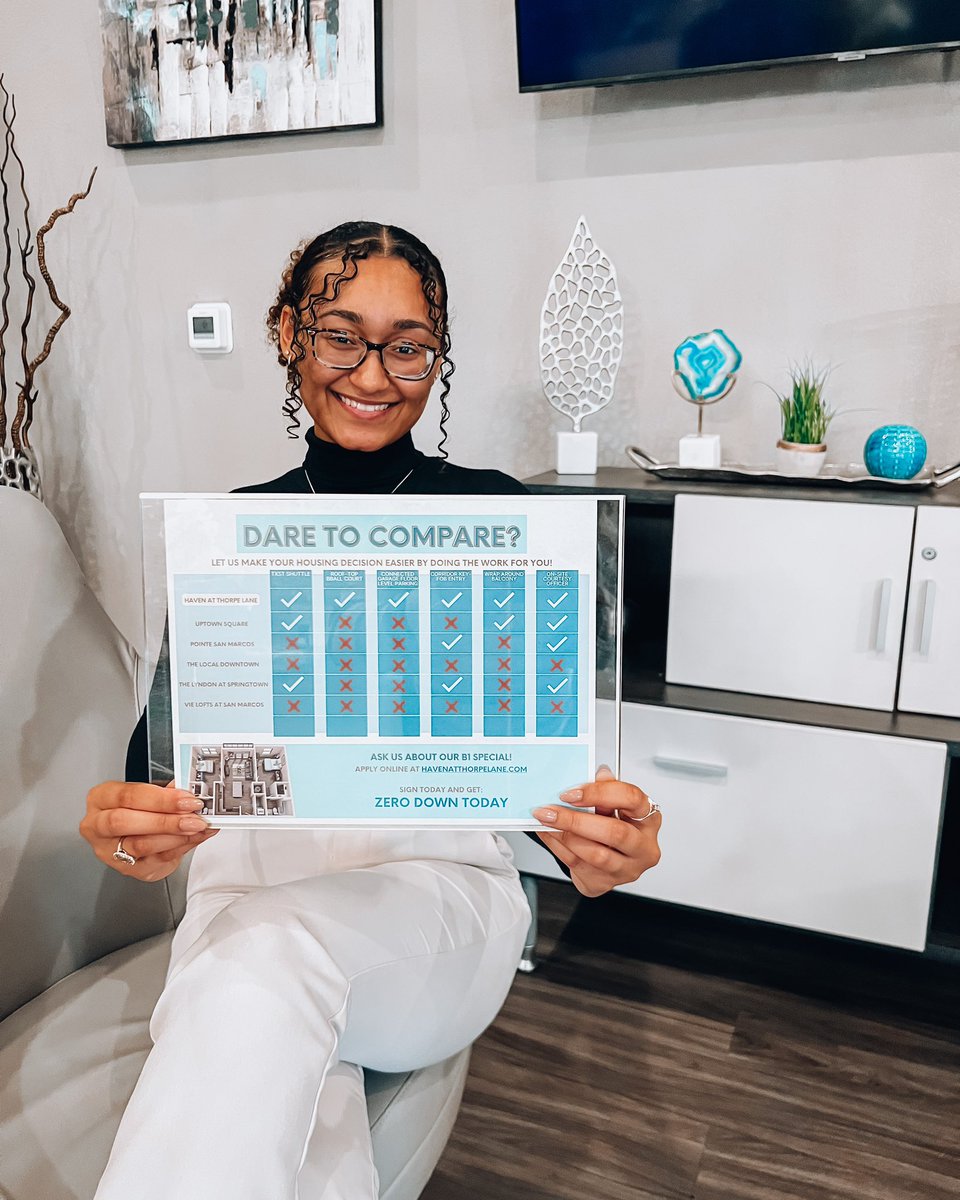 CollegeTownTXST's tweet photo. Do YOU Dare to Compare❓❗️

Haven checks off all the right things! ✅ Don’t believe us? Stop by to tour today! 

1x1s are sold out and 2x2s are soon to follow. Don’t miss your chance to secure your Haven today! 💙

#FindYourHaven #EatEmUp #TXST #TXST23 #TXST24 #TXST25 #GoCatsGo https://t.co/y7ue7HpKHD