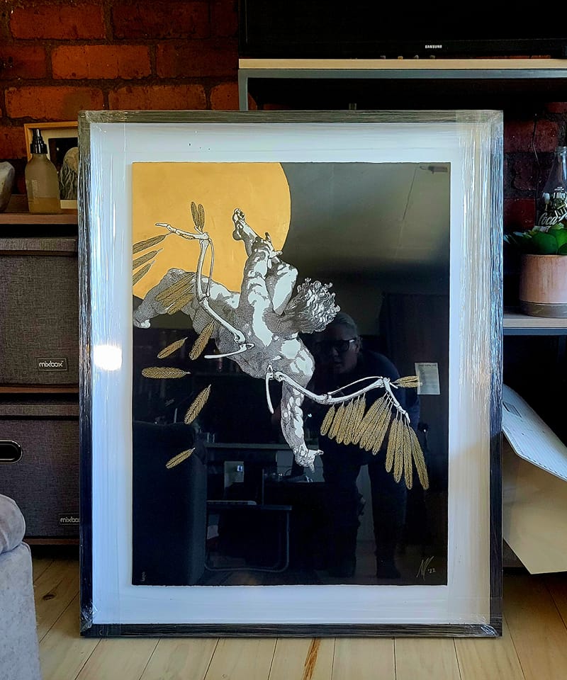 #Icarus in Gold, large and in charge and headed to a gallery tomorrow I hope. He measures 94 x 74cm and is one of my all-time favorite works. #art PS...to all the lovelies I have met here since I joined a few months back, I may be migrating soon. Getting that #uneasy feeling
