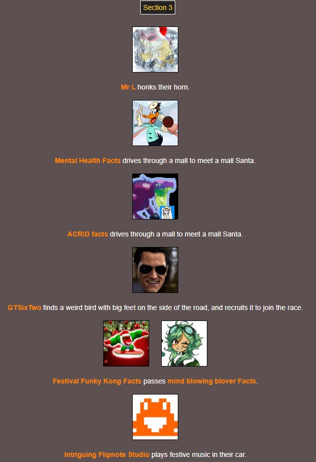 TrinityO5_'s tweet photo. On section 3 @DanteWacky gets rid of @ChesterV_CWACOM; @bontesticle does the same to @minecraft42069s; while @plushfacts and @gabriel_backman fall into a lake; and @WiiUFac, @fullchargefacts, and @facts_terraria crash into each other! #FACCAR https://t.co/tbNUFmyXSD