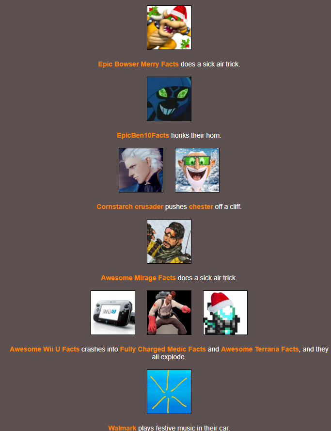 TrinityO5_'s tweet photo. On section 3 @DanteWacky gets rid of @ChesterV_CWACOM; @bontesticle does the same to @minecraft42069s; while @plushfacts and @gabriel_backman fall into a lake; and @WiiUFac, @fullchargefacts, and @facts_terraria crash into each other! #FACCAR https://t.co/tbNUFmyXSD