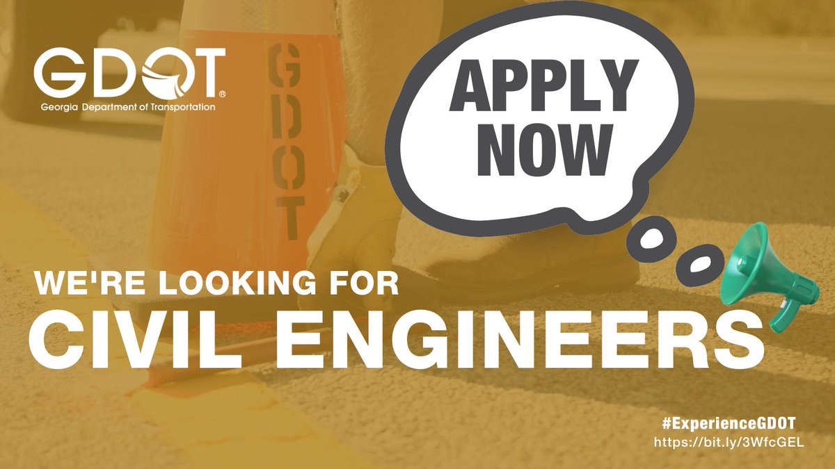 📢 We're hiring entry-level civil engineers.  Georgia DOT has multiple positions open across the state.  Come join our team and begin your career helping our state maintain one of the best transportation systems in the country.
Visit bit.ly/3WfcGEL

#ExperienceGDOT