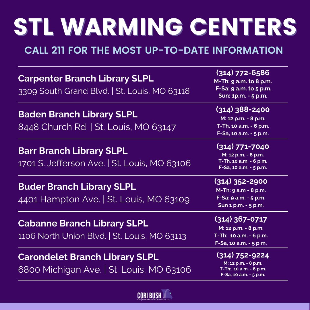 RepCori's tweet photo. 🚨 WARMING CENTERS: St. Louis, as temperatures drop due to this week’s winter storm, St. Louis City and County have warming centers available for community members.

For more information, call 2-1-1. https://t.co/tzHmDV1dEM