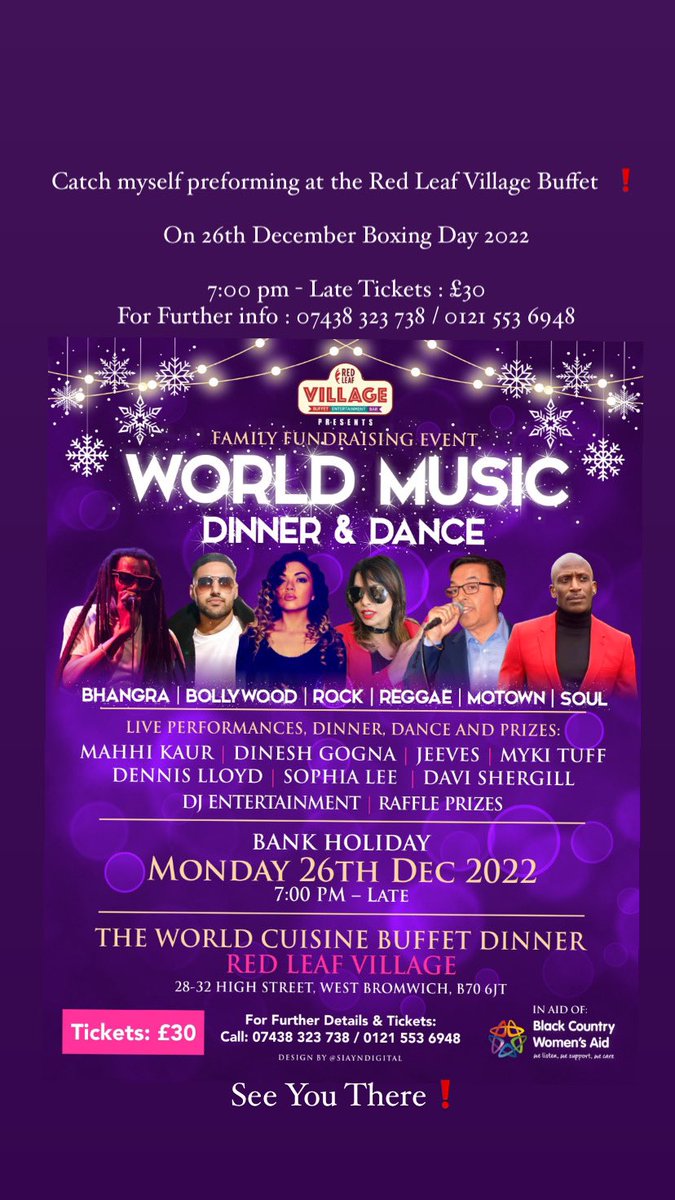 Catch myself preforming at the Red Leaf Village Buffet  ❗️

On 26th December Boxing Day 2️⃣0️⃣2️⃣2️⃣ 
7:00 pm - Late 

Tickets : £30 
For Further info : 07438 323 738 / 0121 553 6948 

See you all there ❗️ 

#Jeeves 
#WorldMusicDinnerAndDance #BoxingDay2022 
#RedLeafVillage