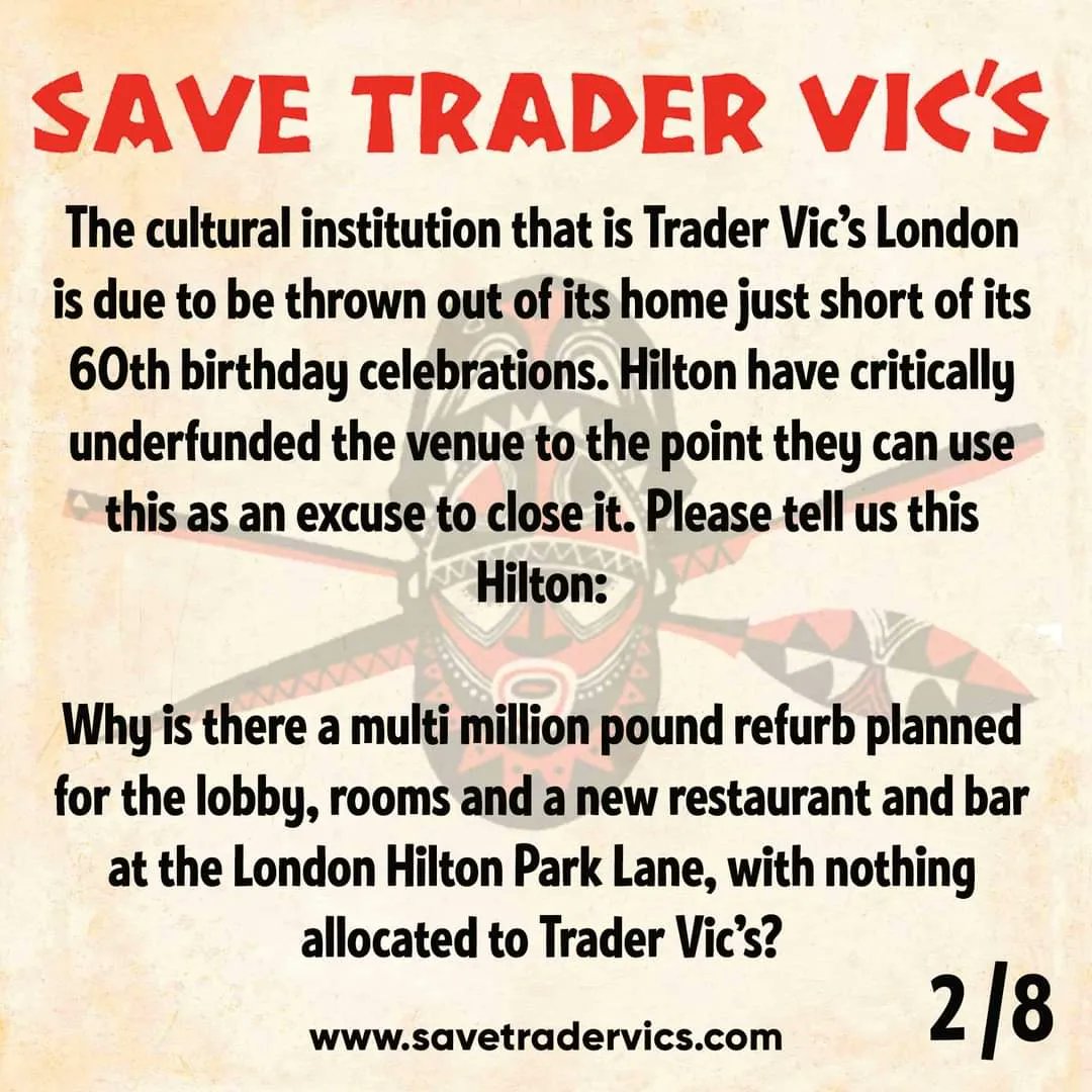 Lil_Miss_Mary_'s tweet photo. I urge all my friends to share this to your own feed and spread the word.
#HiltonHotels #Hiltonhhonors #HiltonParkLane #SaveBritainsHeritage #LondonIcon #CulturalInstitution #Tiki #TraderVics #SaveTraderVics https://t.co/WD8aI5IIup