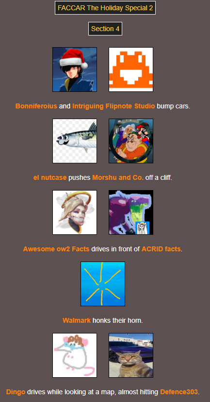 TrinityO5_'s tweet photo. On Section 4 @ENutcase takes care of @linton411; while @BowserFurry eliminates @MentalAwesome; and @DanteWacky is ended by a tree. #FACCAR https://t.co/I62GBWUzQh