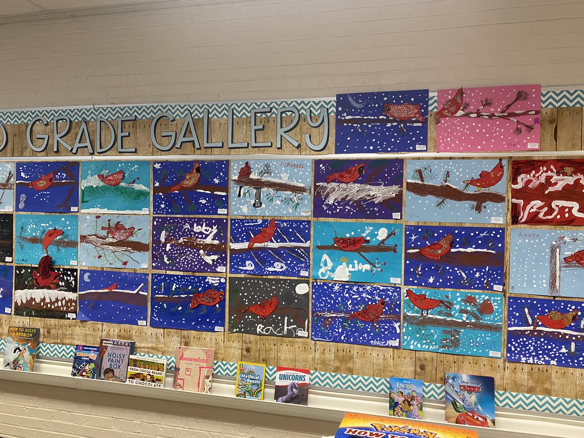 Second graders <a href="/D45Stevenson/">Stevenson School</a> worked hard on these beautiful cardinal in winter pictures.  We drew branches with oil pastel, then painted snow and glued on their cardinal drawings.  Students were excited to add a little sparkle to their pictures too!
