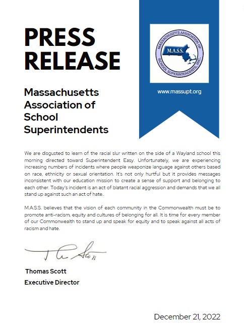 PRESS RELEASE: Massachusetts Association of School Superintendents (M.A.S.S.) issues statement in response to the racist incident in Wayland