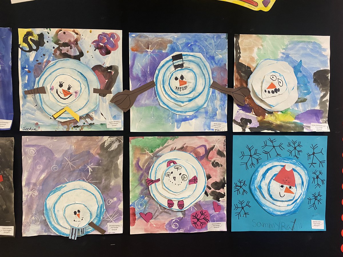 First graders <a href="/D45Stevenson/">Stevenson School</a> created pictures of snowmen from above. I LOVE how these turned out!  They painted backgrounds, cut different sized circles, and added lots of fun details with drawing, cutting, and gluing.  They learned what "aerial view" means too. Great work!