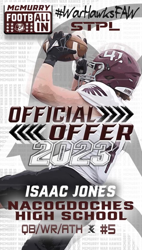 isaacjones04's tweet photo. After a great conversation with @CoachNealMCM I’m blessed to have received an official offer to play football at @McMURRYFOOTBALL https://t.co/x8sFWUWNTB