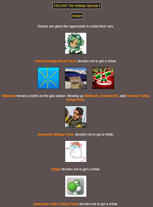 TrinityO5_'s tweet photo. A refuel happens!!! @GolfStarCockBal blows themselves up with Defence303 and @funkykongfac; @ENutcase doesn't understand how their car works; and @RoR2_facts takes themselves out with @GTSixTwo and @FlipnoteFacts! #FACCAR https://t.co/YDGfYnKKhA
