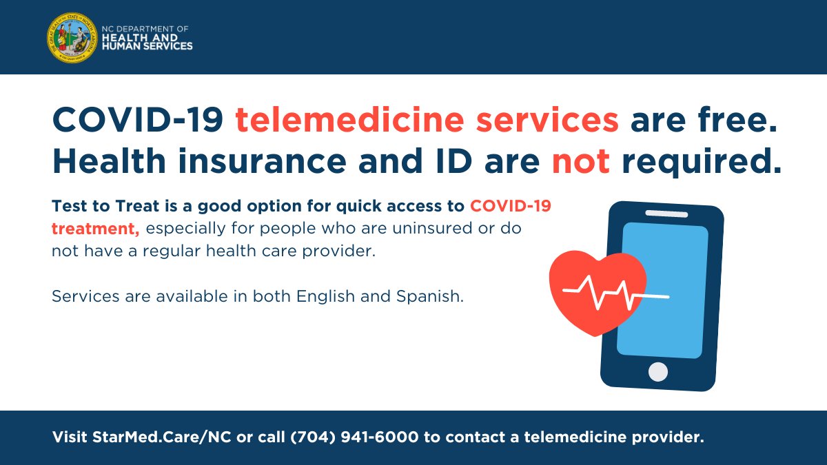 NCDHHS &amp; <a href="/StarMedCare/">StarMed Healthcare</a> provide #telemedicine services for North Carolinians who are COVID-19 positive. Telemedicine providers:
1️⃣ Determine treatment options 
2️⃣ Send a prescription for antiviral pills to a local pharmacy *if needed* 
Visit StarMed.Care/NC. #TestToTreatNC