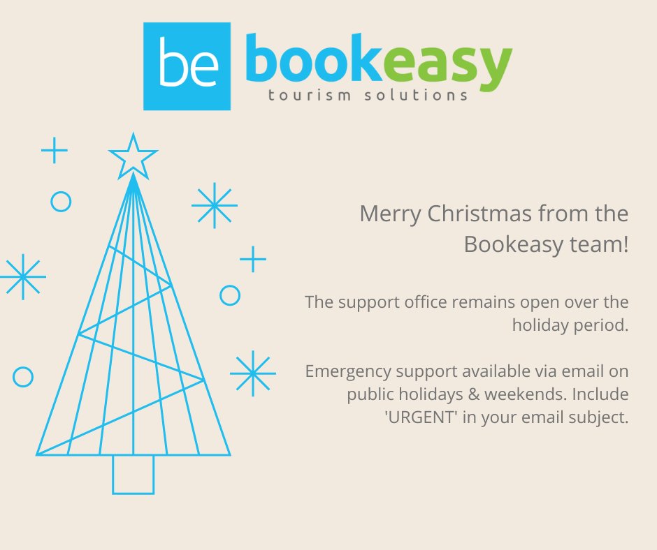Bookeasy's tweet photo. 🎄 Merry Christmas from Bookeasy 🎄

The support office will remain open, with emergency support available via email on public holidays &amp; weekends. Please ensure you include 'URGENT' in your email subject line. https://t.co/gv9gqXMWJb