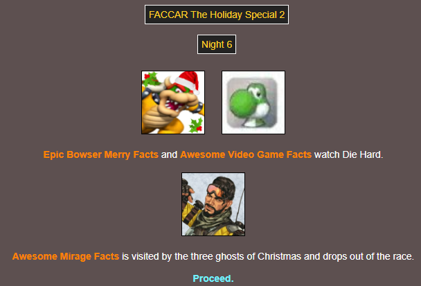 TrinityO5_'s tweet photo. Night 6...
@miragefacts is visited by the Three Ghosts of Christmas and drops out of the race, leaving just 2 racers! #FACCAR https://t.co/JuGDV1VgnX