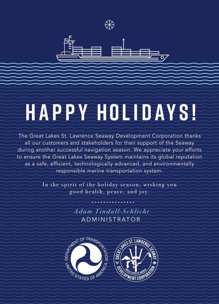 SeawayUSDOT's tweet photo. 🎉☃️Happy Holidays from the @seawayusdot! We are grateful for all the maritime workers who have been dedicated to keeping everyday goods moving efficiently during this season.🚢⚓️
#GreatLakes #SeawaySystem #GLSPartner https://t.co/aH1CMRfUVh