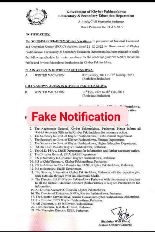 KPESED's tweet photo. Few fake notifications are circulating on Social Media regarding Winter Vacations , as soon as E&amp;SE department will issue notification on the subject it will be uploaded on Official Website. Kindly do not believe on any such rumors.
#KPKUpdates 
#education 
#BREAKING https://t.co/tclQ7JnDbF