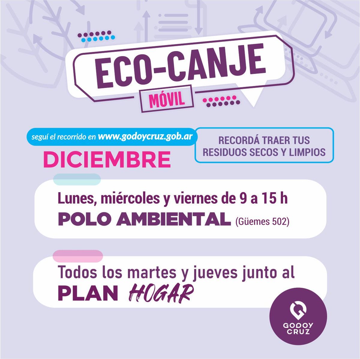 MuniGodoyCruz's tweet photo. Con #Ecocanje podrás cambiar tus residuos secos por carga en tu tarjeta SUBE 🚌
Este mes podes acercarte al Polo Ambiental o encontrarlo junto al recorrido del #PlanHogar 🏘️
#GCSustentable #GCCreceConVos https://t.co/HIygggggIP