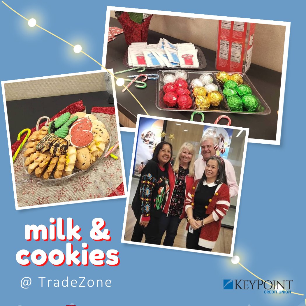KeyPointCU's tweet photo. Leave it up to our Employee Events Coordinator, Marnie, to think of the best ways to brighten up a gloomy day at HQ! Milk & holiday cookies on the house, we can't get enough. What's your favorite holiday treat? #keypointcu #kpcu https://t.co/sBK0B7YHNS