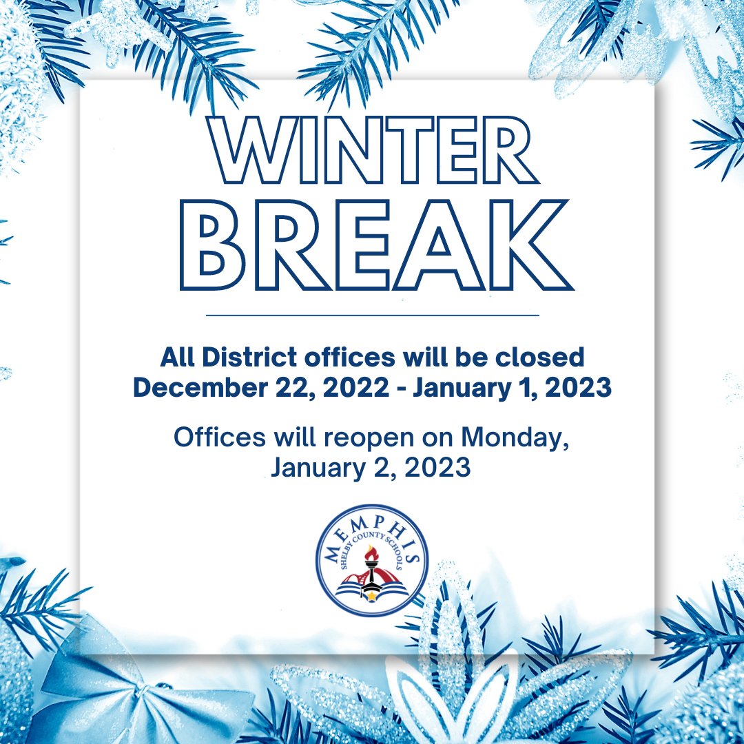 MSCSK12's tweet photo. Our semester has ended, and we hope our staff enjoys their well-earned break!
❗️All District offices are closed from December 22 through January 1. District offices will reopen on Monday, January 2. 
Have a safe and Happy Holidays! https://t.co/65JeKvc5B2