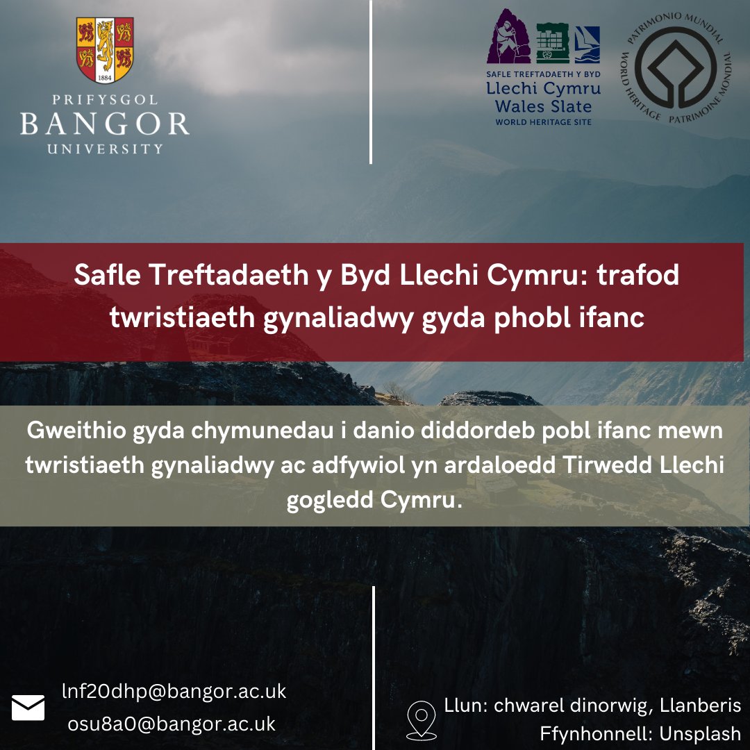 Bangor_Business's tweet photo. 📣 Yn galw ar bobl ifanc 18-25 oed, sy’n byw yn ardal #SafleTreftadaethyByd yng #ngogleddCymru!
🪨 Rydym angen i chi gymryd rhan yn ein hastudiaeth i ddeall canfyddiadau o'r safleoedd #llechi ac ar #dwristiaeth #gynaliadwy.
💬 Dilynwch, rhannwch hwn a anfonwch DM atom! https://t.co/0XViSxxKtQ
