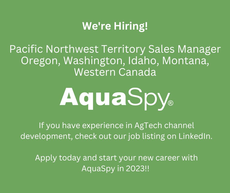 aquaspy's tweet image. We are #Hiring! Looking for a Territory Sales Manager in the Pacific Northwest. Apply here 👇
linkedin.com/jobs/view/3396… #salesjobs #agtech