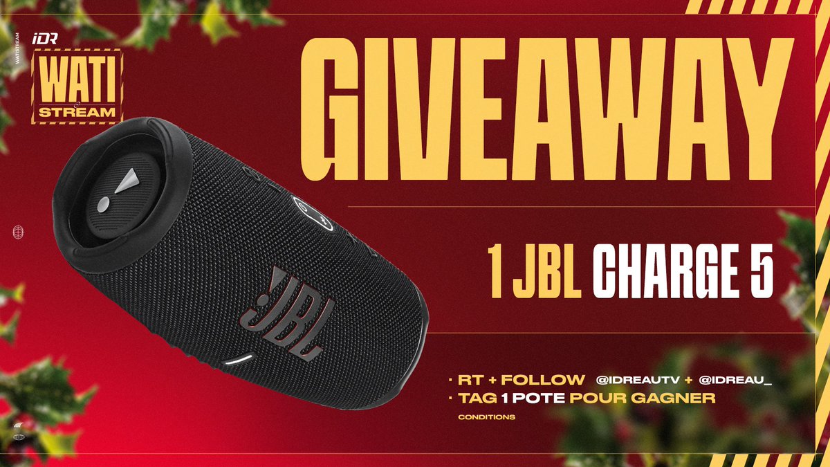 🚨 𝗖𝗢𝗡𝗖𝗢𝗨𝗥𝗦 🎅🏻

À l'occasion du 𝗪𝗮𝘁𝗶 𝗦𝘁𝗿𝗲𝗮𝗺 de Noël, on t'offre une enceinte JBL Charge 5 ! 😱

Pour participer ⤵️

1️⃣ RT ce tweet 
2️⃣ Follow <a href="/idreau_/">Sebastian Vettel Jr</a> &amp; <a href="/idreauTV/">idreauTV</a> 
3⃣ Tag un pote
 
TAS ➡️ 25/12