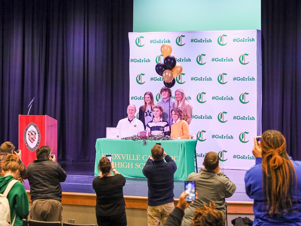 KnoxCatholic's tweet photo. Congratulations to Trevor Duncan (@Vol_Football), Brock Taylor (@VandyFootball) and Blair Cherry (@CarsonNewmanVB) on signing their letters of intent today to pursue their academic and athletic careers at the collegiate level! #irishbuilt #goirish ☘️🏈🏈🏐 https://t.co/joDj3DunuL