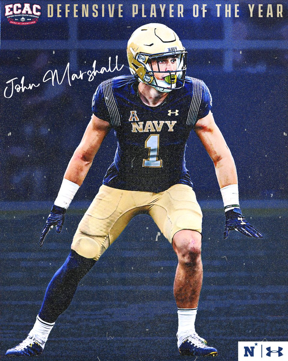 NavyFB's tweet photo. The hits keep coming for @johndmarshall5.
Congrats on being named ECAC Defensive Player of the Year!
#GoNavy | #RollGoats https://t.co/EAfVTcQyyr