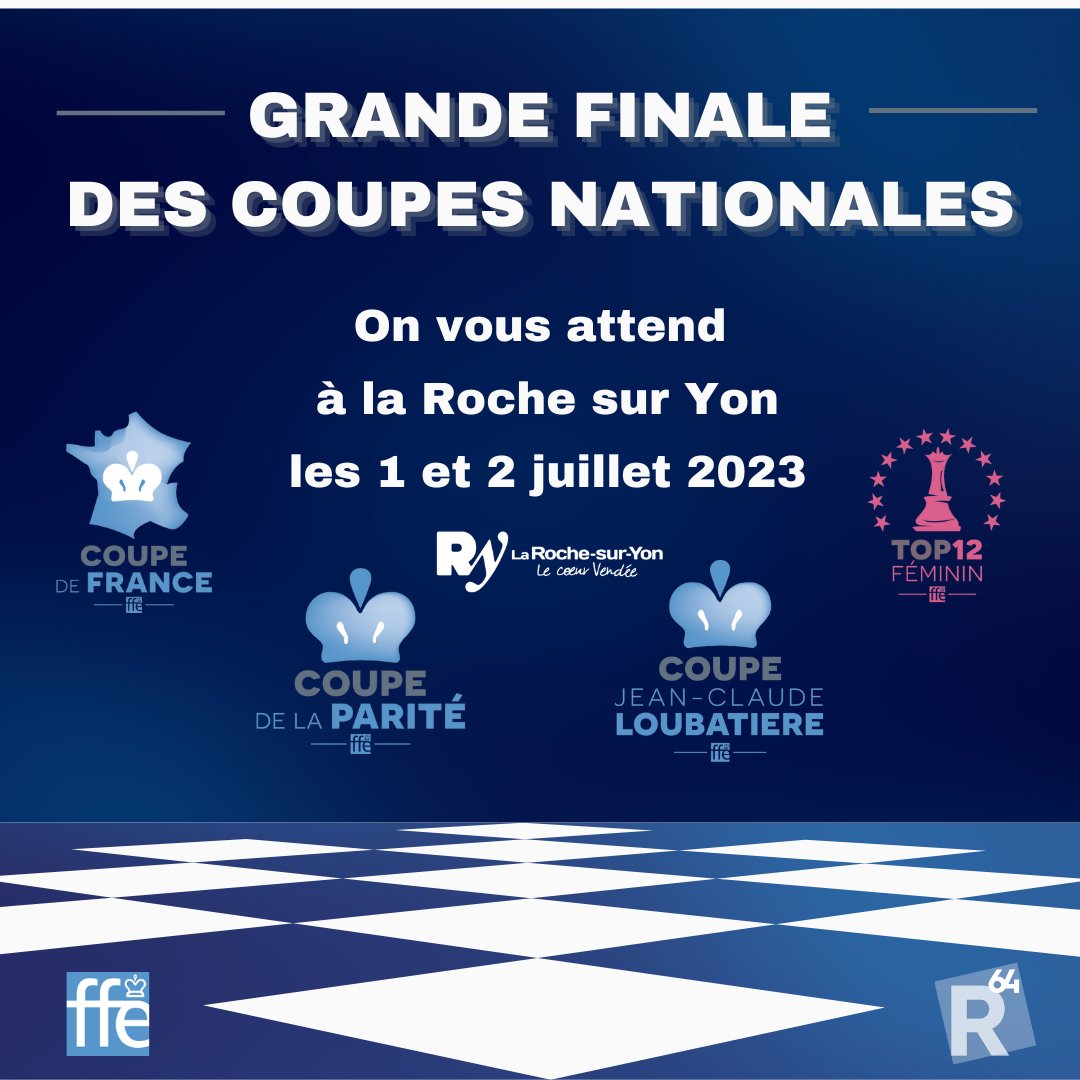 Route64lemag's tweet photo. Route64 est fière d’organiser avec @larochesuryonfr , @EchecsSurYon et @ffechecs cette phase finale !
Rendez-vous début juillet
#chess #echecs #CoupeParité #CoupeLoubatiere #Top12feminin #CoupedeFranceechecs #route64 https://t.co/TMQrdeeSW0