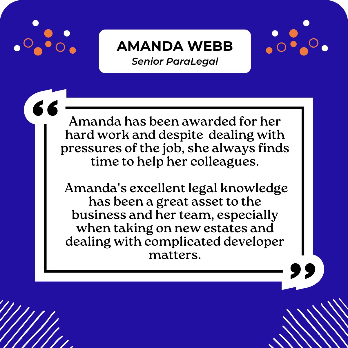 Our #employeeawards continue to #recognise people who go above and beyond in our team!

This month we are #celebrating Amanda Webb who is the Senior ParaLegal.

Read about Amanda’s great work below 🎉