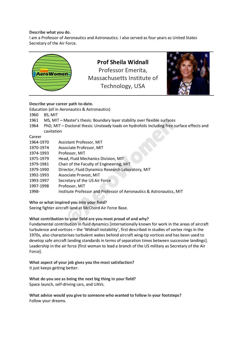 Meet Prof Sheila Widnall, Professor Emerita at <a href="/MIT/">Massachusetts Institute of Technology (MIT)</a>. Sheila is a trailblazer in fluid dynamics for her work in aircraft turbulence &amp; vortices: the 'Widnall instability', and for a number of 'firsts' for #WomenInSTEM: <a href="/MITEngineering/">MIT School of Engineering</a> Chair, <a href="/aiaa/">AIAA</a> President, &amp; <a href="/usairforce/">U.S. Air Force</a> Secretary
