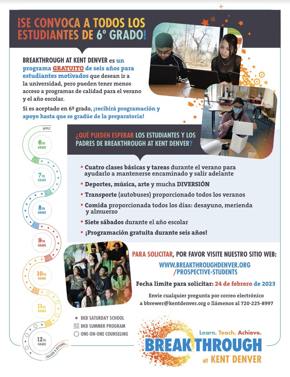 BreakthroughKD's tweet image. Breakthrough is now recruiting 6TH GRADE STUDENTS! Please visit our website (breakthroughdenver.org/prospective-st…) and SUBMIT AN APPLICATION today! The DEADLINE TO APPLY is February 24, 2023, so the sooner you apply, the better!

Learn more about Breakthrough! youtu.be/q2F4VER0Yp4